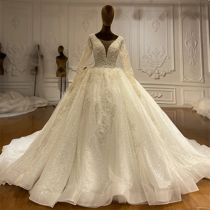 Jancember AM1901 2022 New Arrival Lace Ball Gown Crystal Luxury Beads Sequined Bridal Dress Wedding
