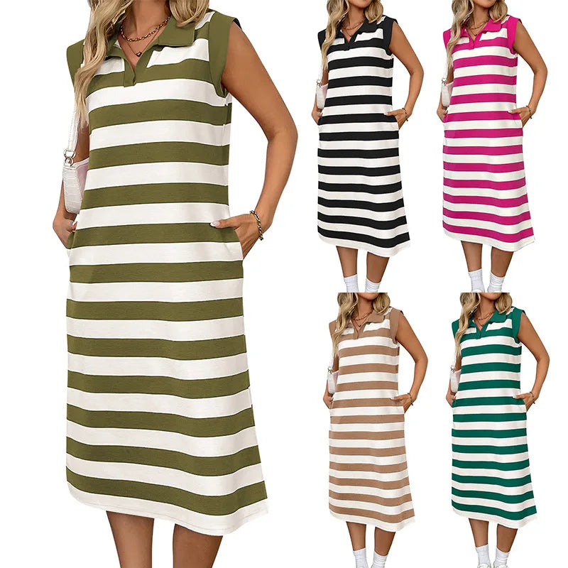 2026 New Arrival Women Casual Striped Sleeveless Dresses Loose Fit Tshirt Dress with Pockets Women Summer Dresses