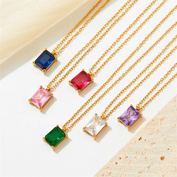 Dainty Jewelry Rectangle Zircon Colorful Pendant Stainless Steel Gold Crystal Pendant Necklace for Women