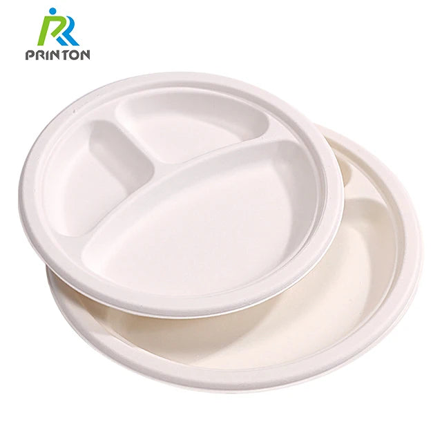 Eco-friendly 10in 3-compartment White Compostable Disposable Round Square Sugarcane Bagasse Plates