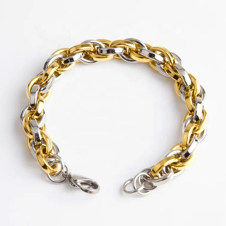 Wholesale 2021 Luxury Stainless Steel Gold and Steel Two Tone Oval Link Chain Multi Layer Bracelet Jewelry for Men
