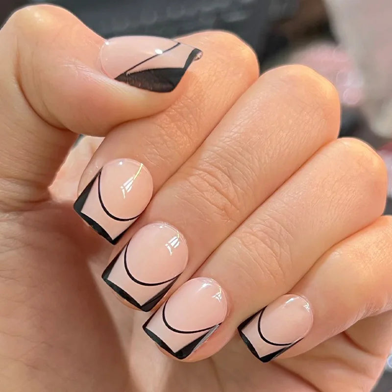 2023 DIY Reusable Easy Press on Nails French square Fake Nails Short White Black Acrylic Nails Elegant Artificial Fingernail