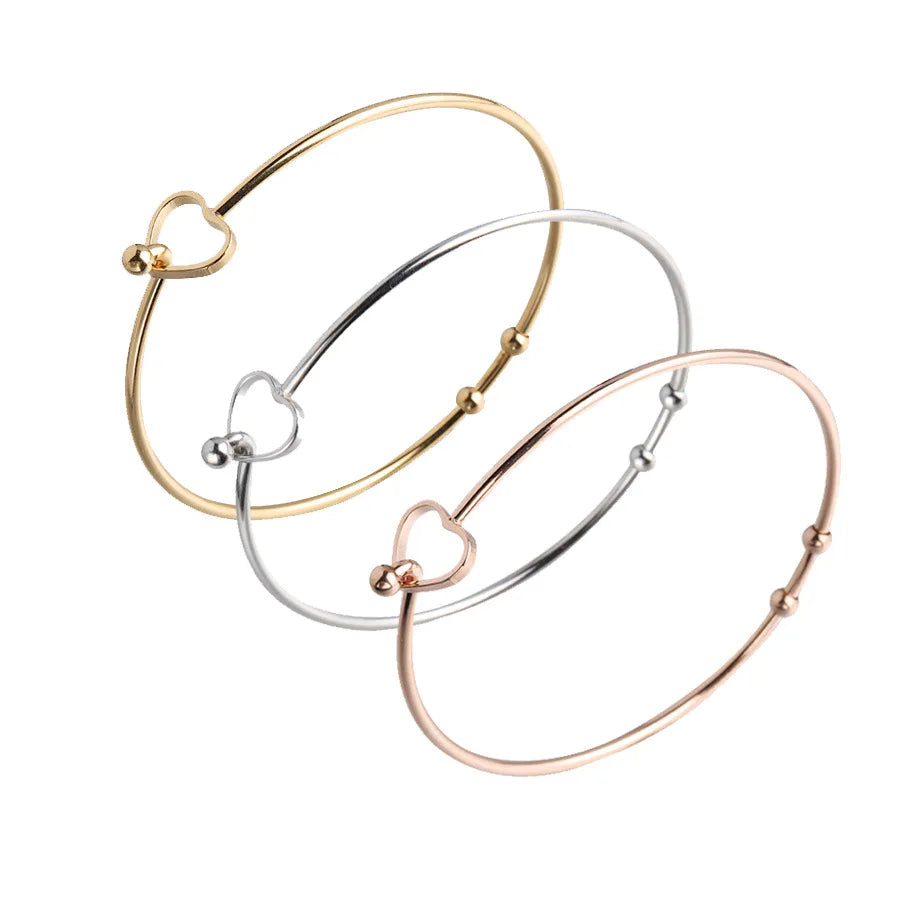 Handmade Minimalist 60mm Stainless Steel 2 mm Wire Hollow Heart Beads Bangle Bracelet