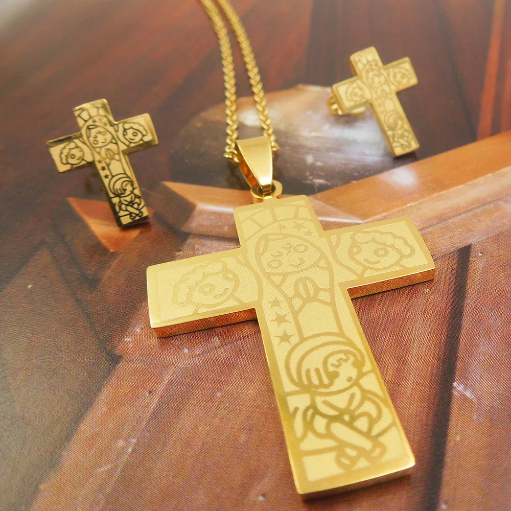 316L Stainless Steel Cross Pendant Earring Jewelry Wedding Partycross Mother's love Gift Necklace Set for Women