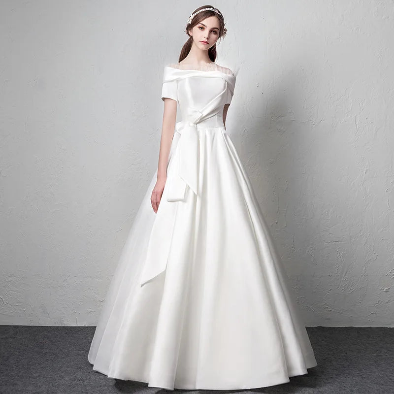 Vestidos De Noiva Satin Simple Lace Neck Off Shoulder Classic Wedding Dresses
