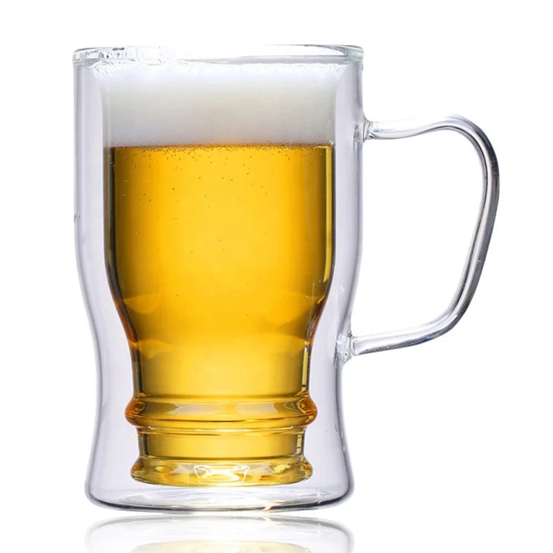 Gift High Borosilicate Heat Resistant Burst Proof Transparent Double Wall Glass Beer Mug with Handle