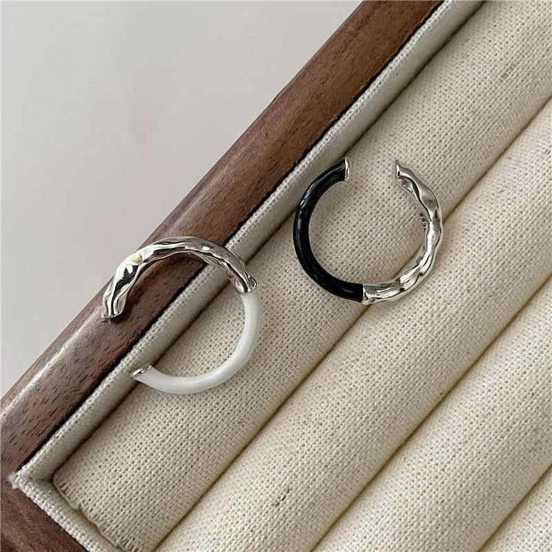 Geometric Thump Black White Enamel Open Rings for Women 925 Sterling Silver Fine Jewelry