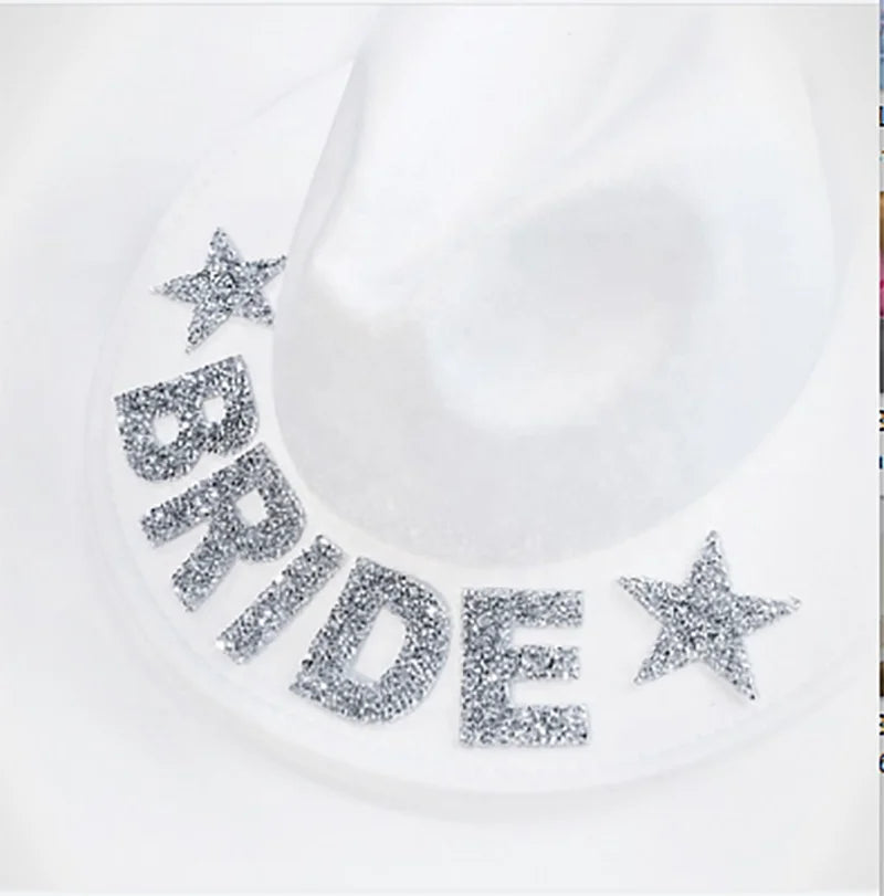 White Bridal Cowboy Hat Veil Cloth Acrylic Country-Western Wedding Decoration Bachelorette Party Gift Valentine's Day Adult Size
