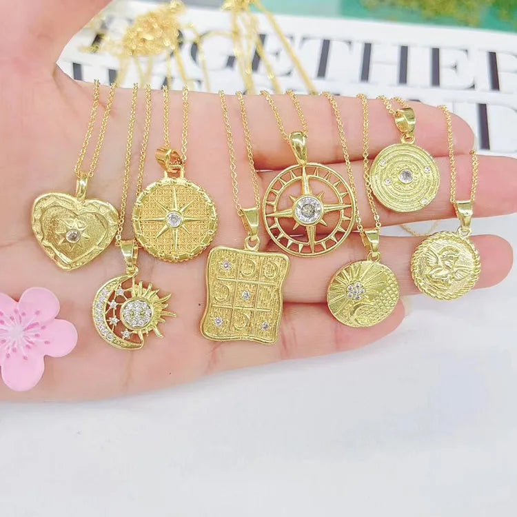 NZ1451 18k Gold Plated CZ Crescent Moon and Star Angel Baby Disc Coin Chain Necklace