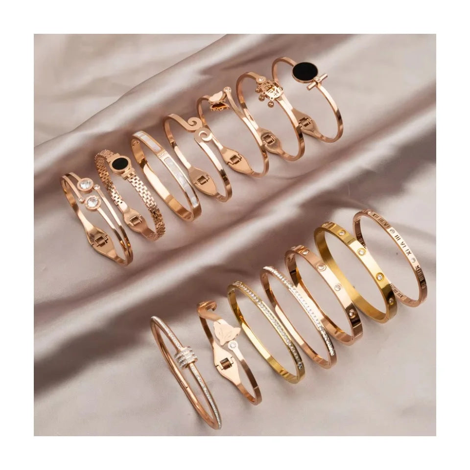 Multi Models Fashion Jewelry Rose Gold Plated Roman Numeral Cuff Bangles CZ Tarnish Free Gold Stainless Steel Bangle for Women