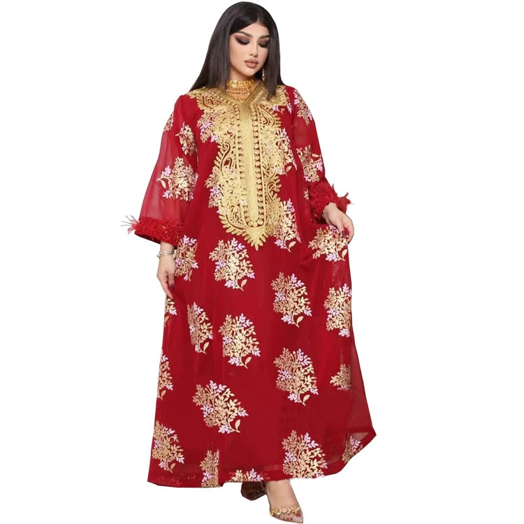 2022 New Design Summer Muslim Middle East Dubai Christmas Red Full Embroidered Ostrich Hair Gold Lace Dress Abaya Loose Robe