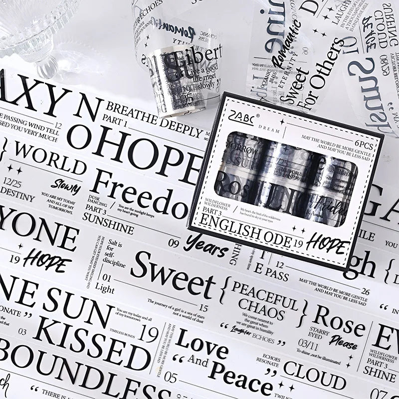 6 Pieces/Box English Ode Gift Box Set Waterproof Masking Tape PET Material Landscape Stickers Roll