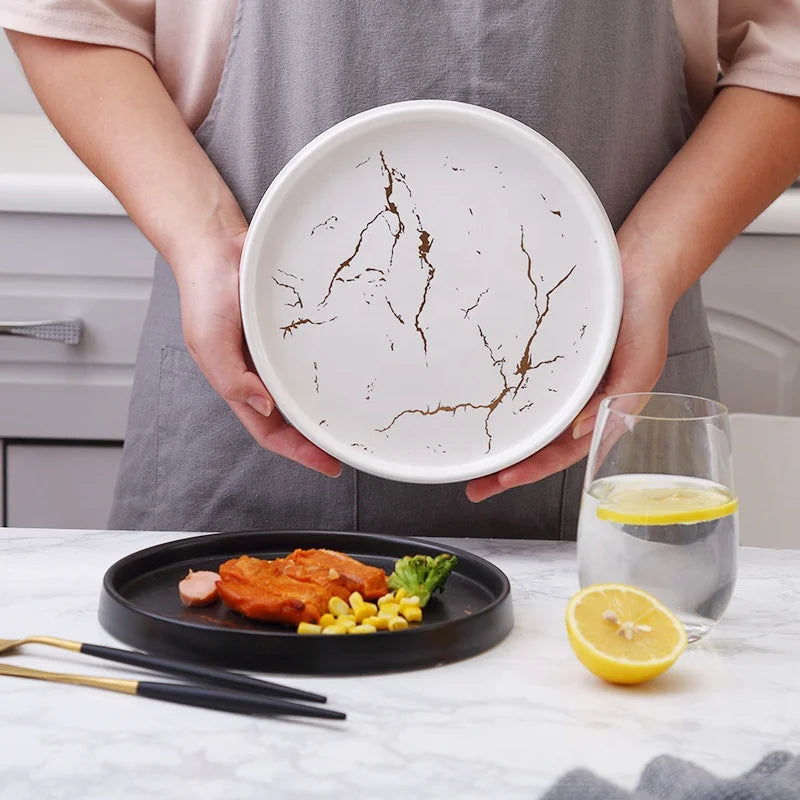 Nordic Style  High End Hotel and Restaurant Use Marble Color Black / White  Ceramic Steak Dinner Plate