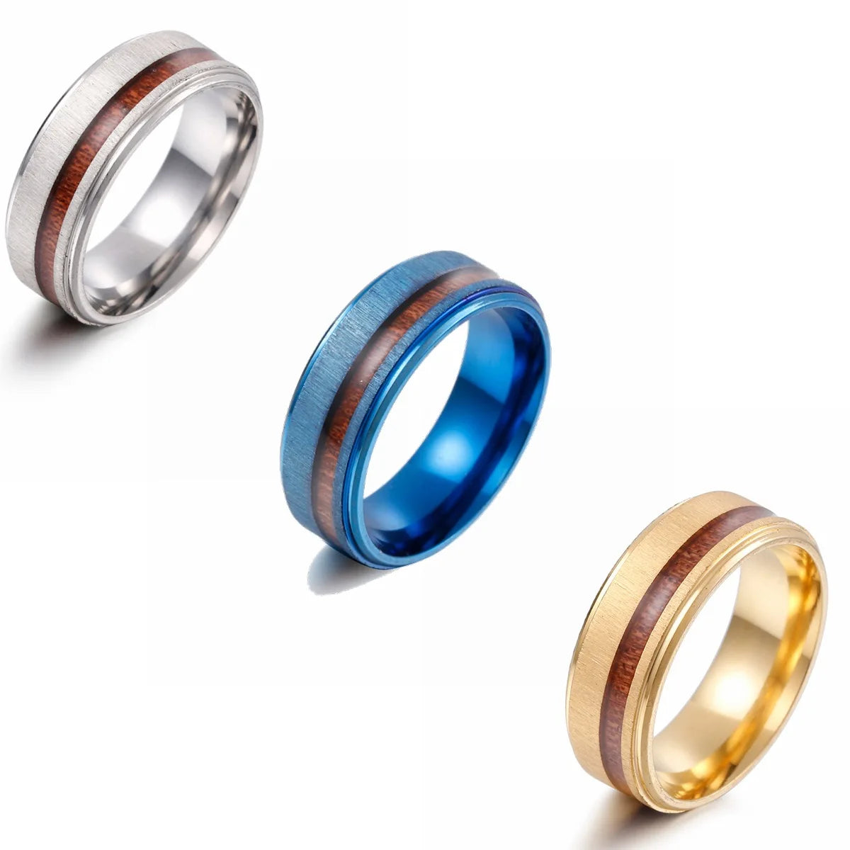 Silver Gold Blue Colors 8mm Mens Stainless Steel Brushed Wood Inlay Rings for Wedding Engagement Band Jewelry