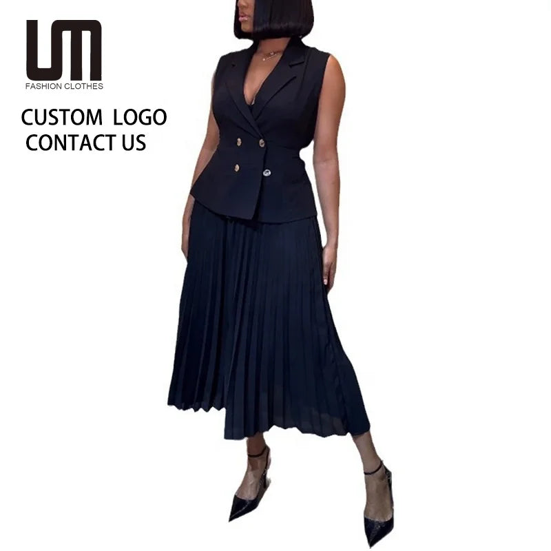 Liu Ming Fashion Summer Women Elegant Sleeveless Casual Outfits Blazer Tops Pleated Skirt 2 Piece Set