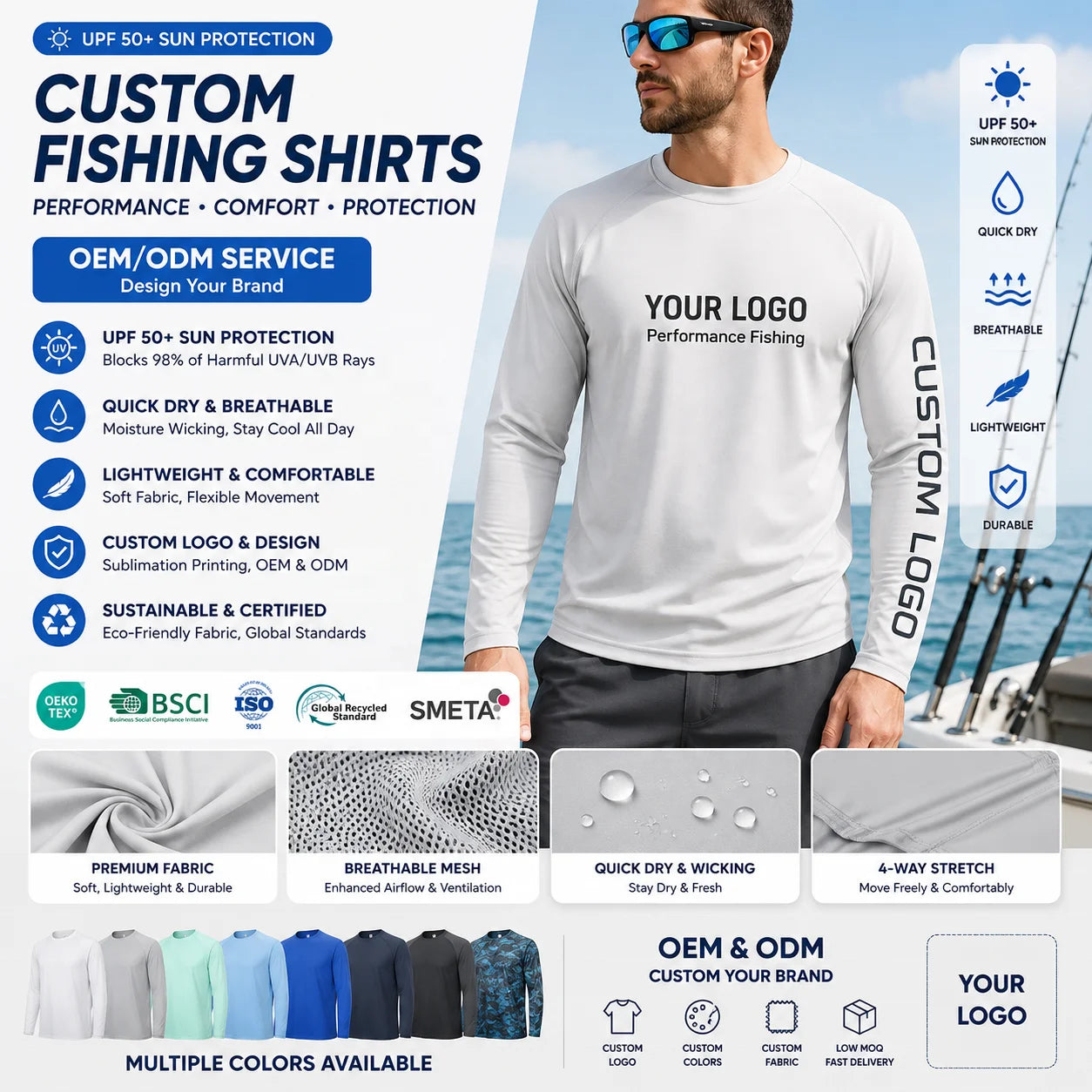 Custom Logo Men's UPF 50+ Long Sleeve Fishing Shirt Quick Dry Breathable 100% Polyester 4-Way Stretch Performance Sun Shirt
