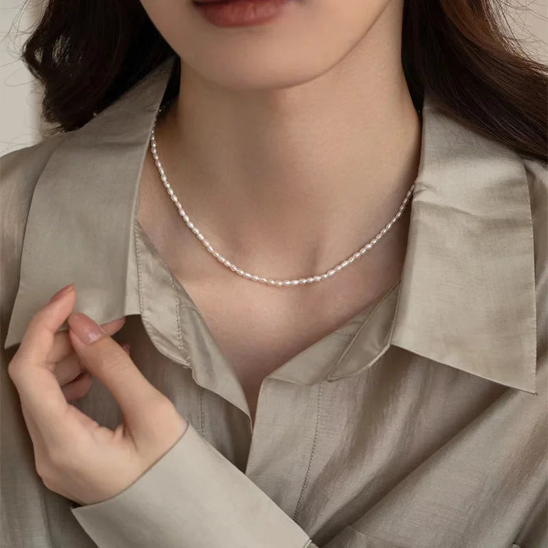 Extra-Fine 2mm Keshi Millet Beads Trendy Unisex Freshwater Pearl Clavicle Necklace Adjustable Sterling Silver Buckle Seedless