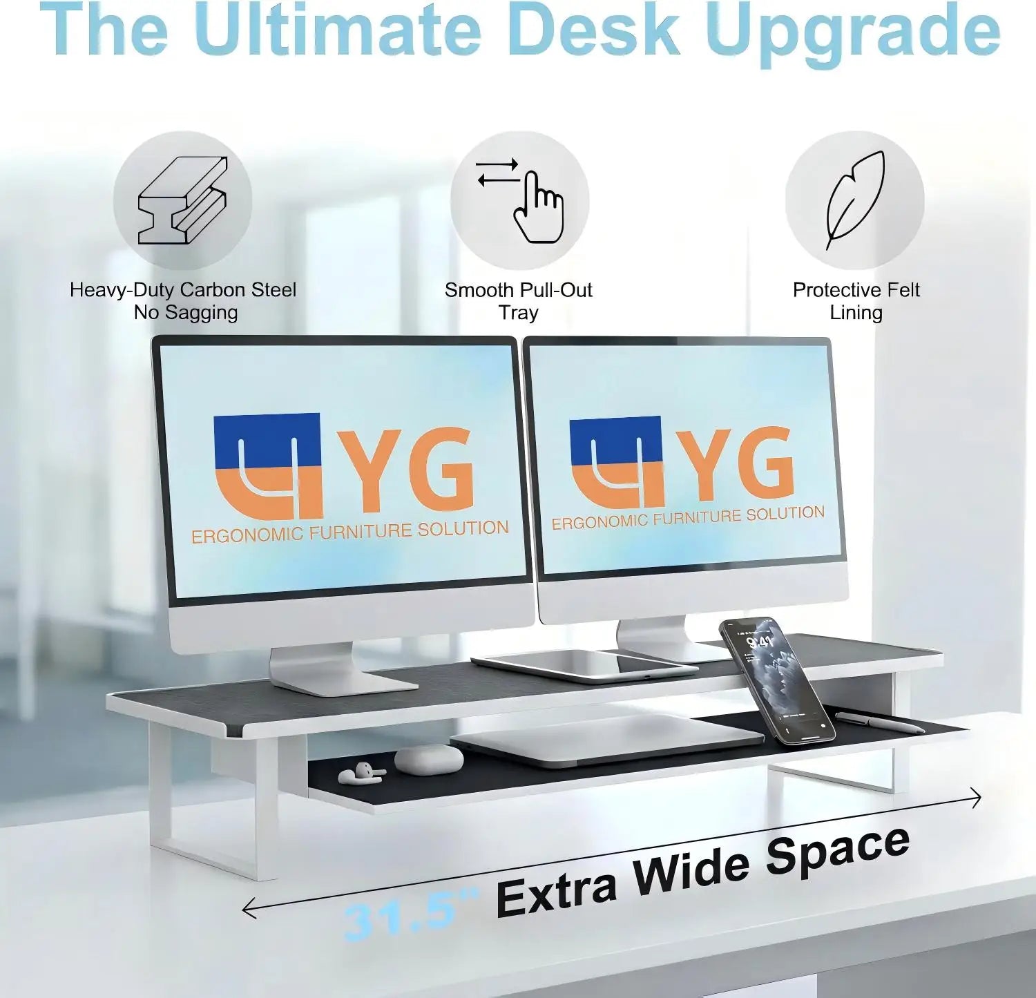 Monitor Stand Riser Laptop Stand 31.5" Dual 2-Tier Desktop Riser with Pull-out Tray & Phone Holder for Home Office Desk