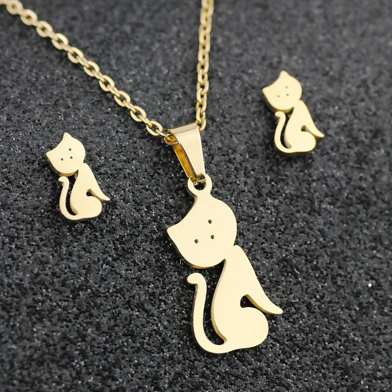 Factory Hot Stainless Steel Animal Pendant Necklace Earrings Set Cute Cat Jewelry Set for Women Best Friends