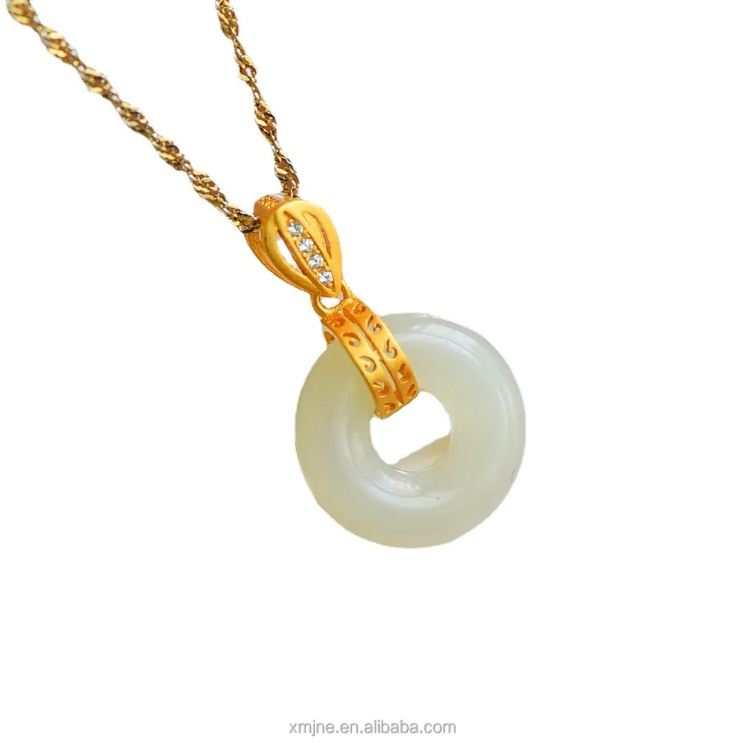 Certified S925 Ancient Silver Gold-Plated Inlaid Hetian Jade Pendant Safe Buckle Jade Pendant Necklace Collarbone Chain 520 Gift