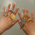 INS Style Summer Vintage Exaggerated 18K Gold Stainless Steel Round Middle Sunflower Moon Opening Ring Jewelry for Women
