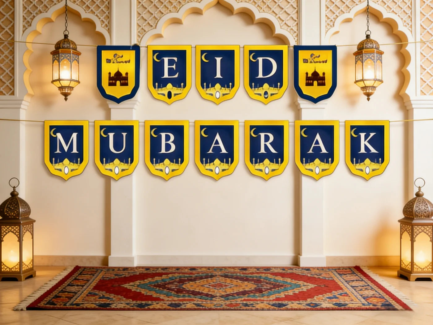 608324  Eid Mubarak Bunting - 2M Islamic Festival Decorations with Mosque & Moon Design Blue & Gold Triangle Flags