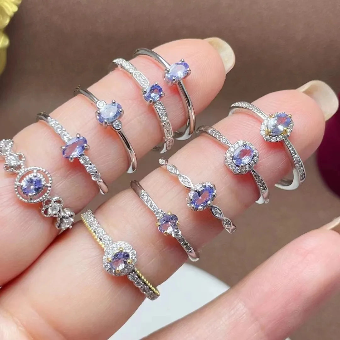Hot Sale Classic African 925 Sterling Silver Natural Tanzanite Chunky Wedding Engagement Party Couple Women's Rings