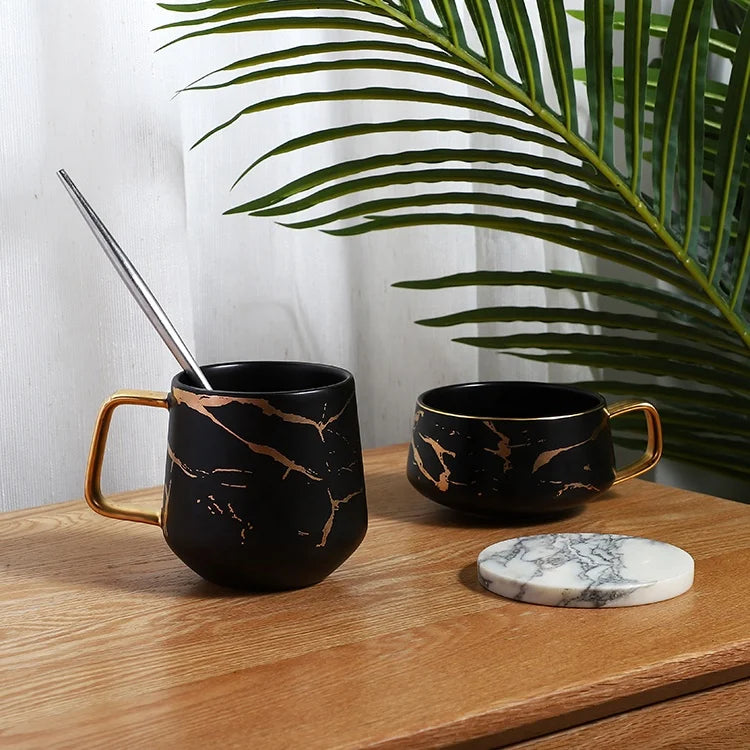Fancy Restaurant Black Color Marble Ceramic Cappuccino Mug French Coffee Cups and Saucer
