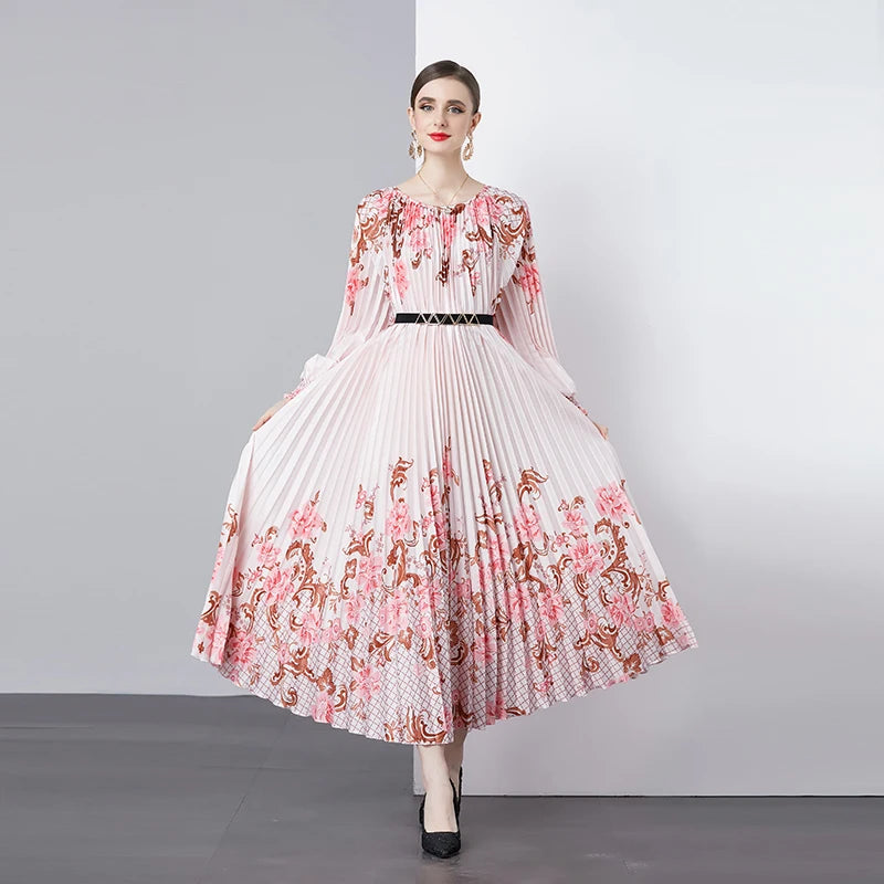 Boutique Wholesale 2024 Autumn New Fashionable Neck Printed Art Large Skirt Hundred Pleats Chiffon Natural Woven Women's Dress