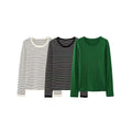 SML European Autumn and Winter Women's Clothing New Round Neck Casual Basic Striped Trim Knitted Sweater Slim