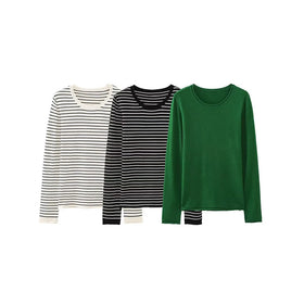 SML European Autumn and Winter Women's Clothing New Round Neck Casual Basic Striped Trim Knitted Sweater Slim