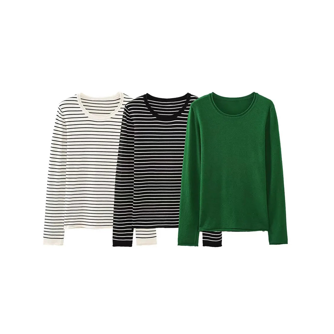 SML European Autumn and Winter Women's Clothing New Round Neck Casual Basic Striped Trim Knitted Sweater Slim