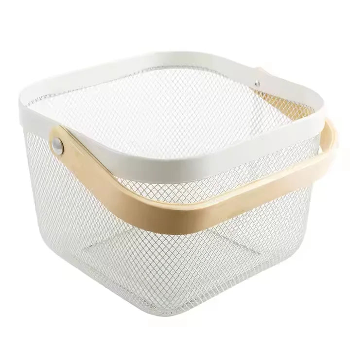 Hot Sale Fashionable Portable Picnic Fruit Food Metal Basket Kitchen Household Wire Mesh Storage Basket with Wooden Handle