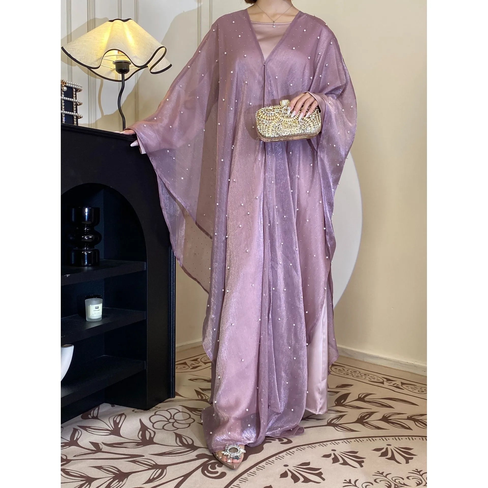 Elegant Evening Party Abaya with Pearl Arab Muslim Abaya Islamic Clothing