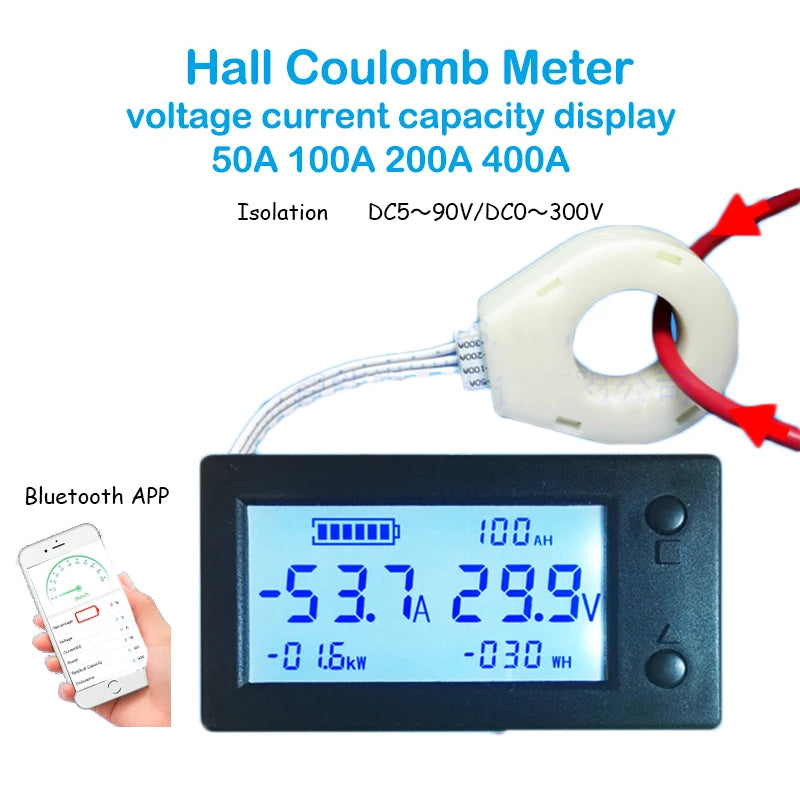 50A 100A 200A 400A STN LCD Hall Coulomb Meter Counter Voltage Current Power Indicator Display EBike Car Isolation Bluetooth APP