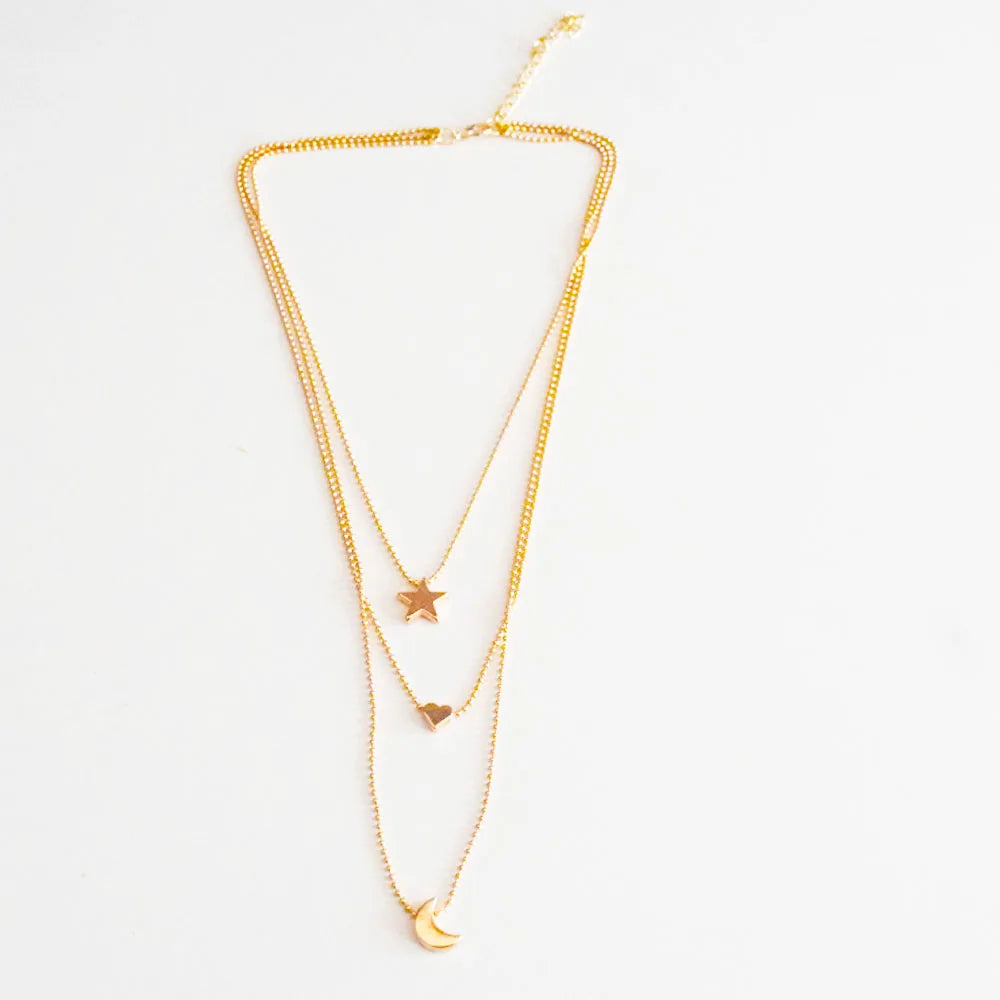 Alloy Gold Color Moon Heart Star Charm Layered Necklace Jewelry for Women