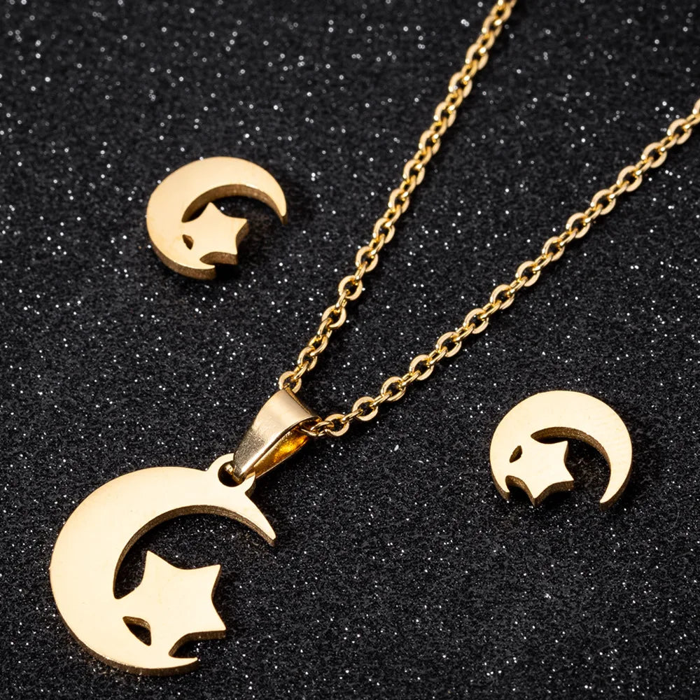Fashion Waterproof 18k Gold Silver Plated Stainless Steel Crescent Moon Star Pendant Earring Necklace Jewelry Set for Women MegaBDM