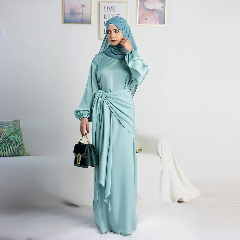 Loriya 2023 Latest Islamic Clothing Muslim Girls Abaya Dubai Women 2pc Long Sleeve Satin Plain Modest Dresses