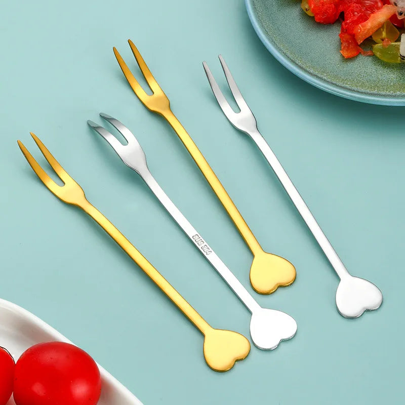 Creative Heart Shaped 304 Stainless Steel Fork Gold Silverware Cutlery Dessert Fruit Fork Mini