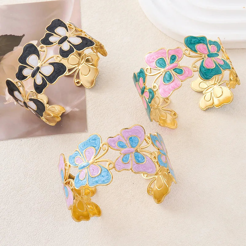 New Stainless Steel Oil Drop Oil Painted Open Bracelet Exaggerated Female Electroplating 18K Gold Bracelet