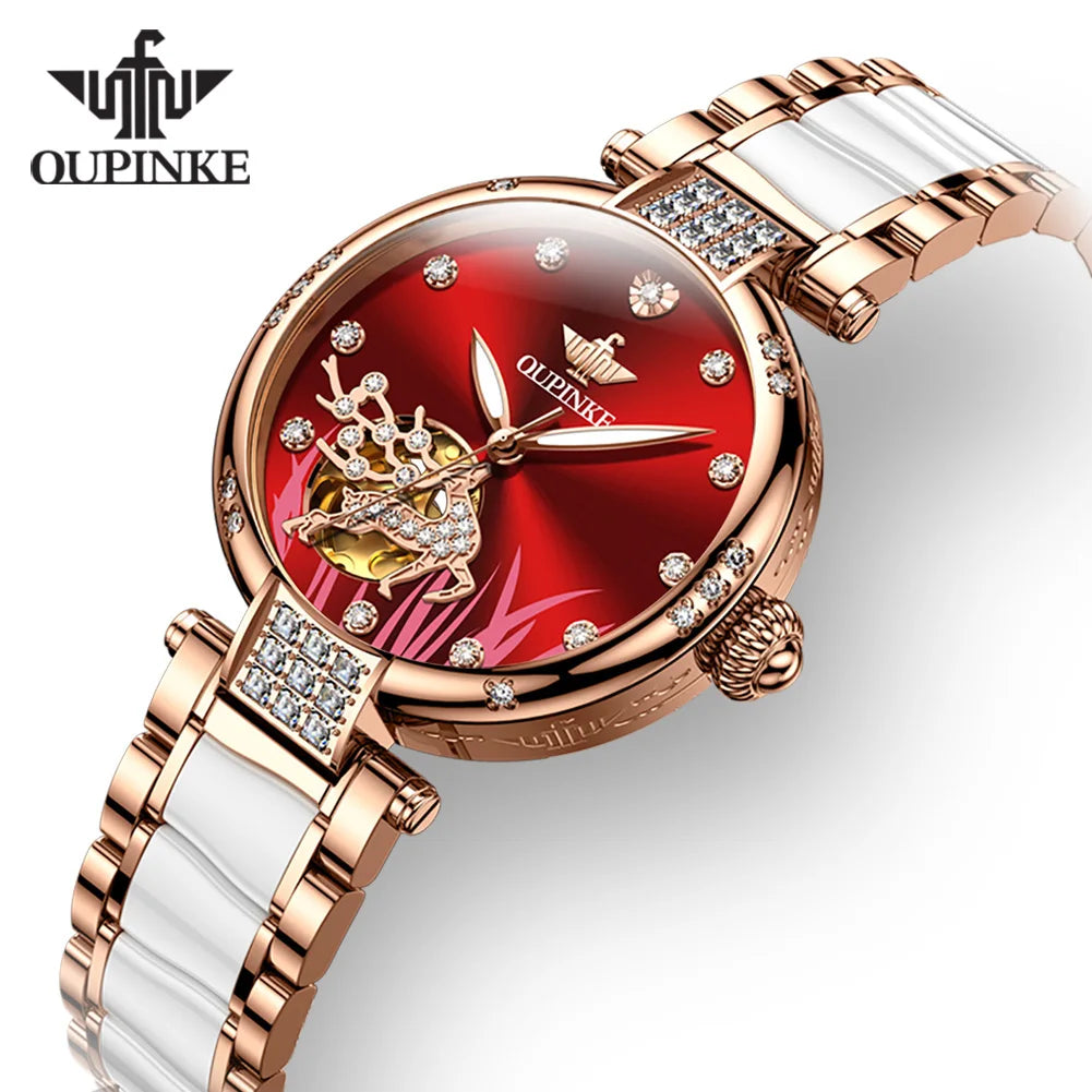 OUPINKE 3211 OEM Tourbillon Mechanical Watches  Fashion Brand  Full Stainless Steel Wholesale Ceramics Women Watch Fast Delivery