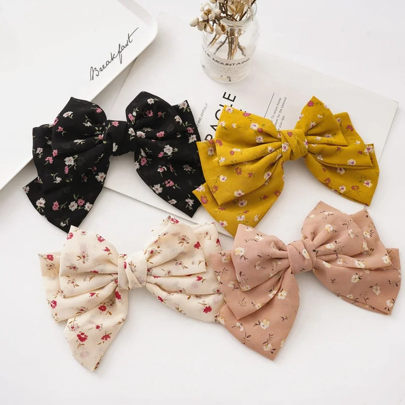 New Arrived Summer Elegant Fashion Korean Women Vintage Hair Accessories Chiffon Fabric Floral Big Bowknot Environmental