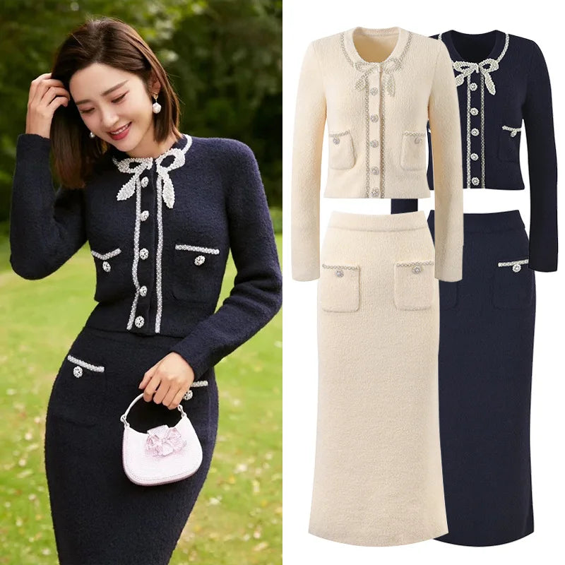 2025 New Arrivals Autumn Fashion Pearls Beaded Knitted Cardigan With Long Skirt for Women Elegant Sweater Two-piece Sets
