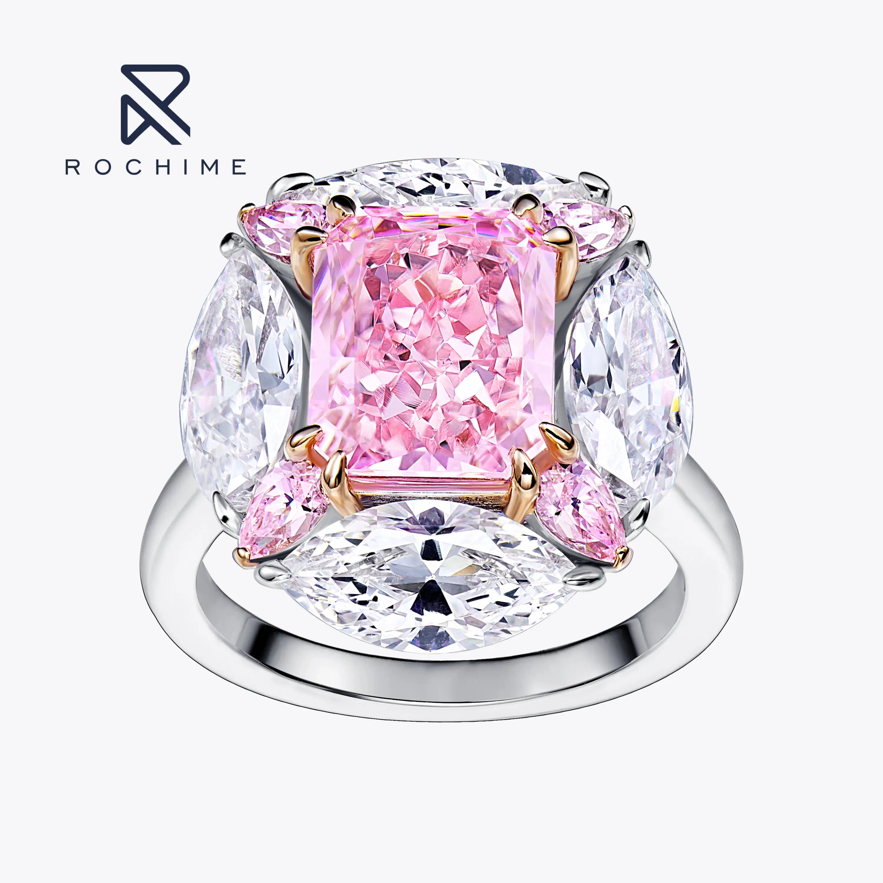 Rochime Fashion Radiant Cut pink Gemstone Ring 925 Sterling Silver Rhodium Plated  5a Zircon Trendy Jewelry for Women