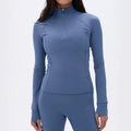 Compressive Breathable Eco-Friendly Plus Size Recyclable 4 Way Stretch Long Sleeve Workout Quarter Zip Crop Top Women Yoga Thumb