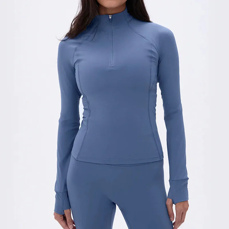 Compressive Breathable Eco-Friendly Plus Size Recyclable 4 Way Stretch Long Sleeve Workout Quarter Zip Crop Top Women Yoga Thumb