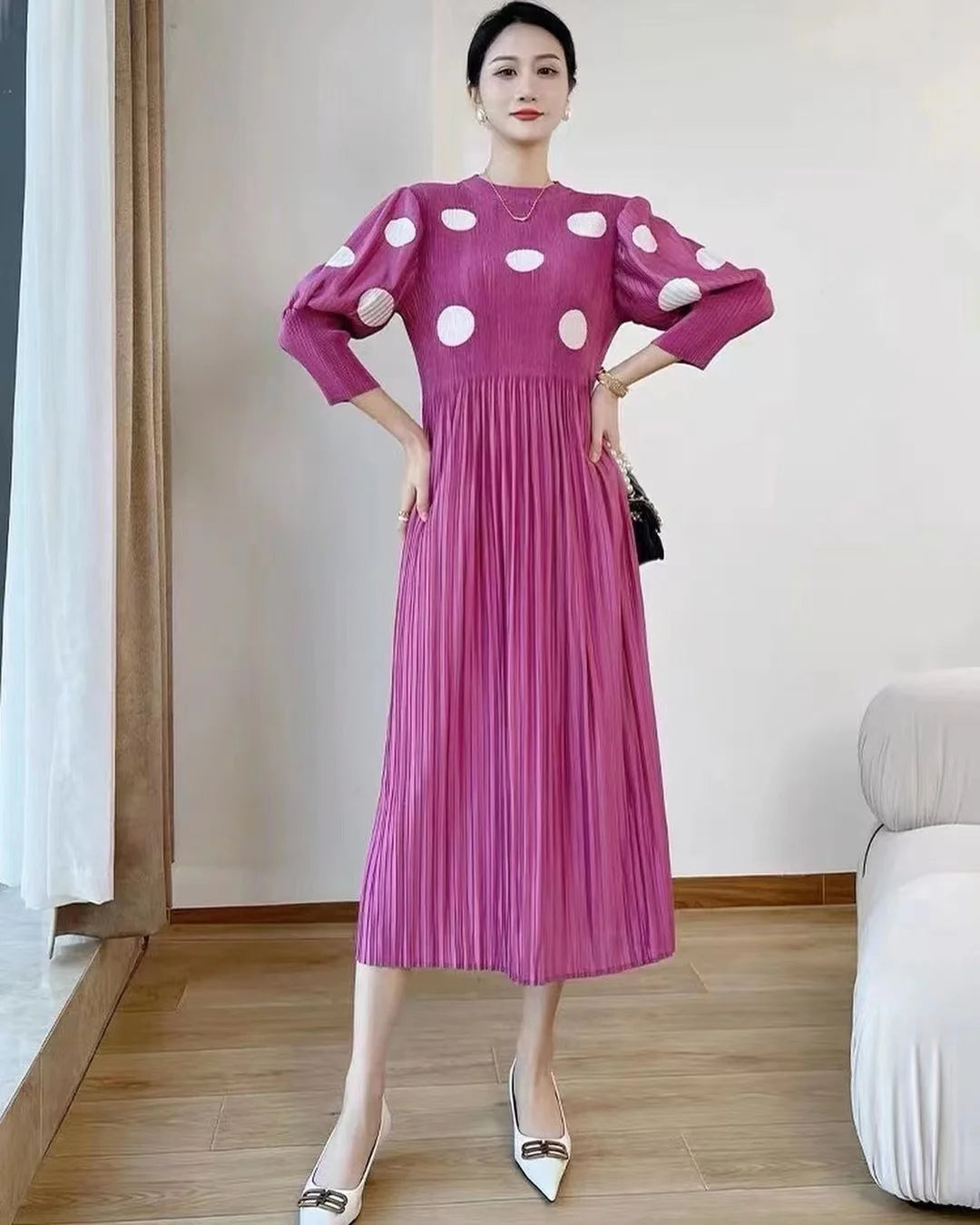 Casual Party Prom Plus Size Issey Miyaki Pleated Round-Neck  Dot Pattern Print Design Lady Elegant Women Dress