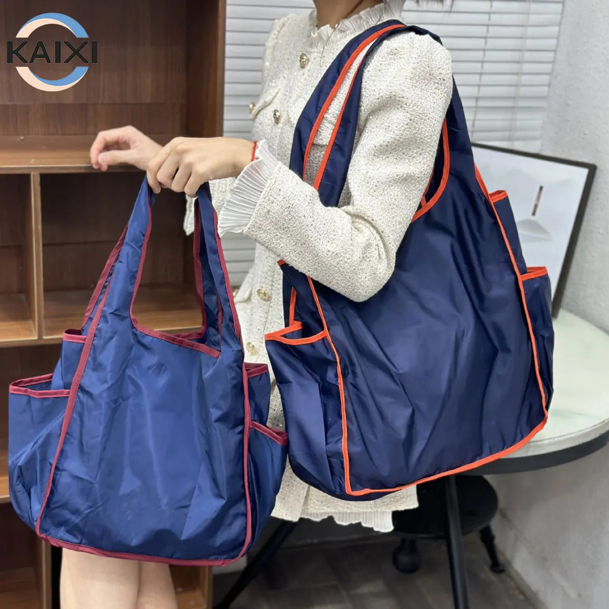 Custom Logo Foldable Large Capacity Tote Storage Bag with Cup Holder 12 Color Reusable Polyester Reusable Shopping Bag