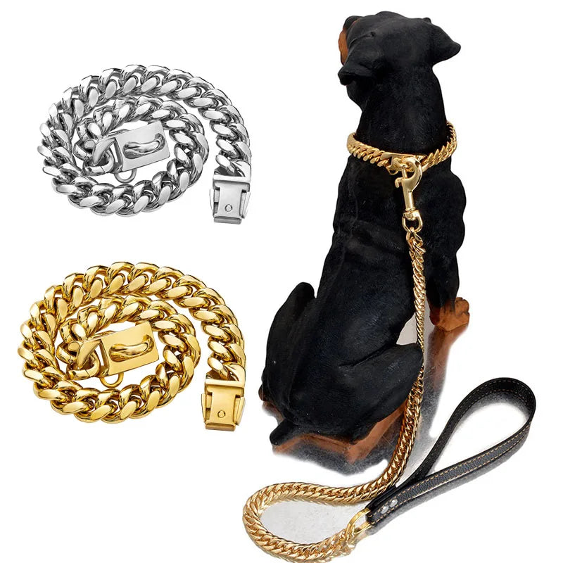 14MM Stainless Steel Dog Collar and Leash Set No Pull Durable Large Dog Necklace Dog Chains
