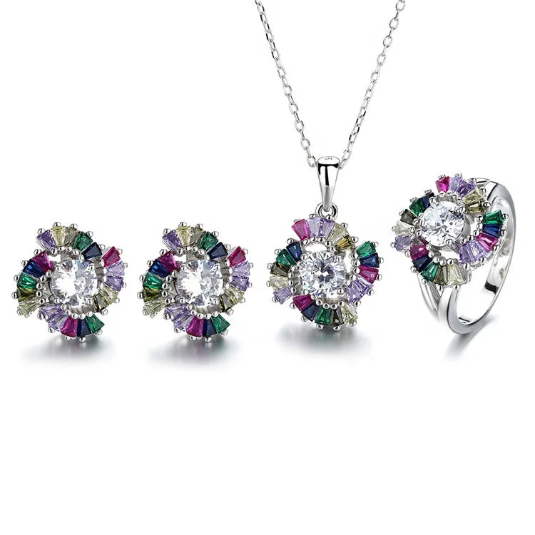 High Grade Fashion 925 Sterling Silver Fireworks Color Pendant Ring Stud Jewelry Set